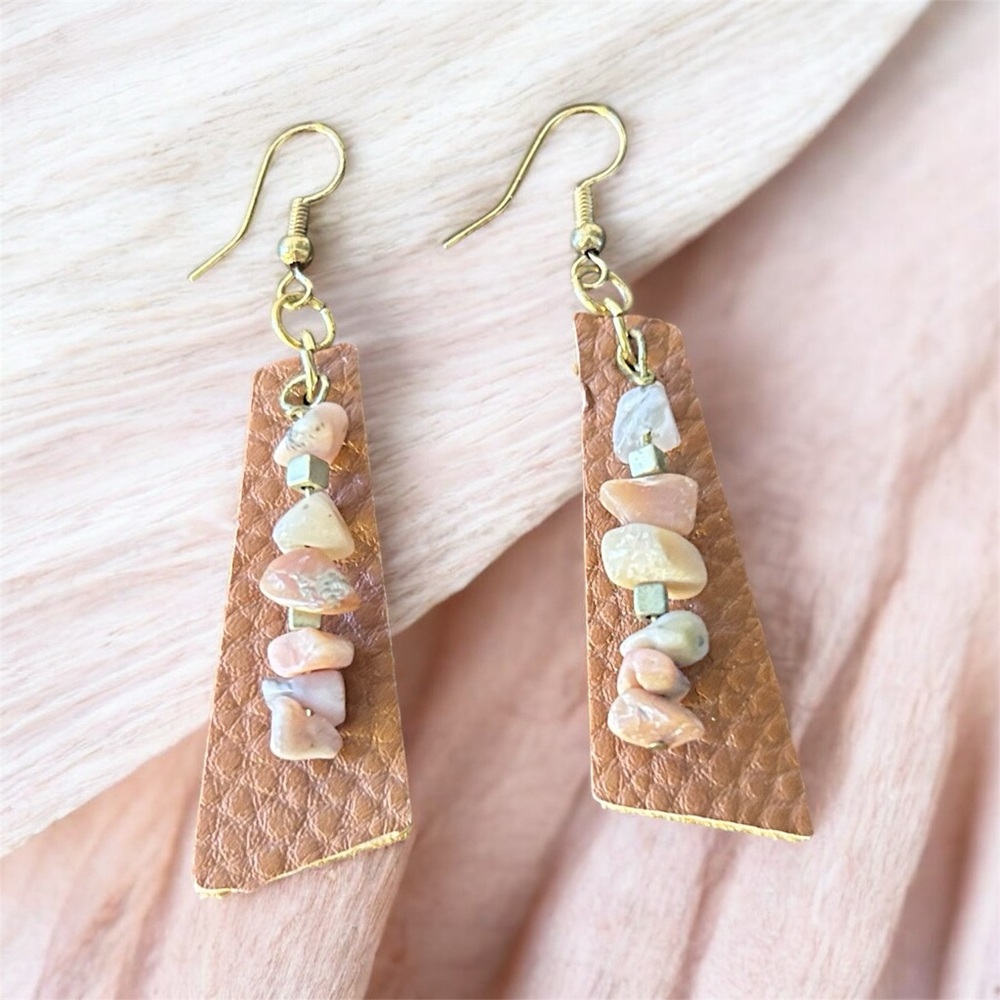 Boho Neutral Stone Drop Earrings | Faux Leather & Gold Dangle Earrings